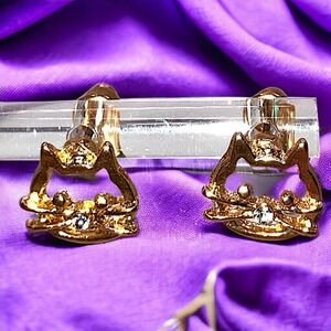 Cat Kitty Gold-Tone Rhinestone Nose Stud Earrings!